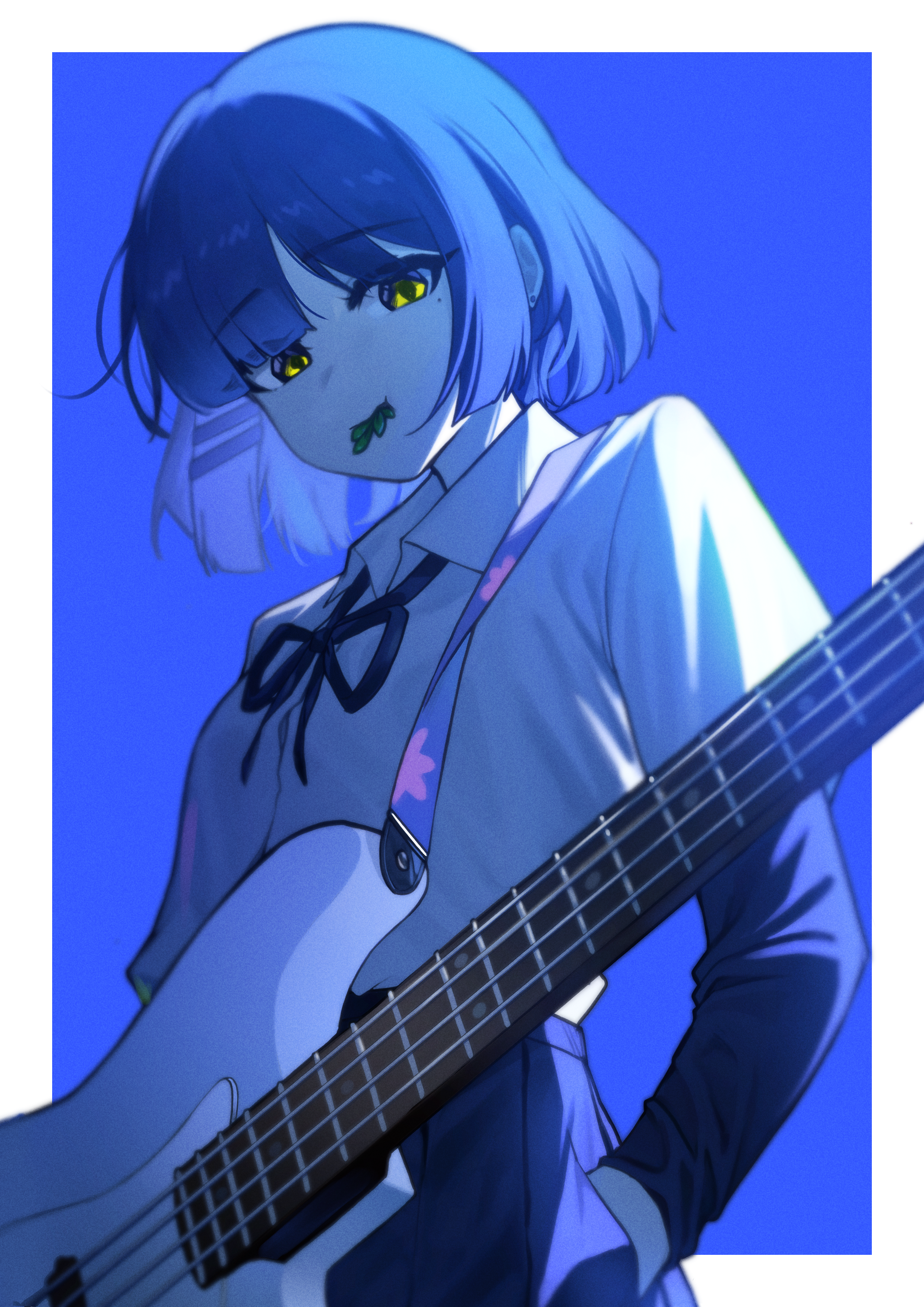 moving gun, yamada ryo, bocchi the rock!, absurdres, highres, 1girl, black ribbon, black shirt, black skirt, blue background, blue hair, blue theme, border, collared shirt, cowboy shot, fingerless gloves, from below, gloves, guitar, hand in pocket, instrument, layered sleeves, leaf in mouth, long sleeves, looking at viewer, looking down, mole, mole under eye, neck ribbon, outside border, parted bangs, pleated skirt, ribbon, school uniform, shimokitazawa high school uniform, shirt, shirt tucked in, short hair, short over long sleeves, short sleeves, simple background, skirt, solo, standing, undershirt, white border, white shirt, wing collar, yellow eyes