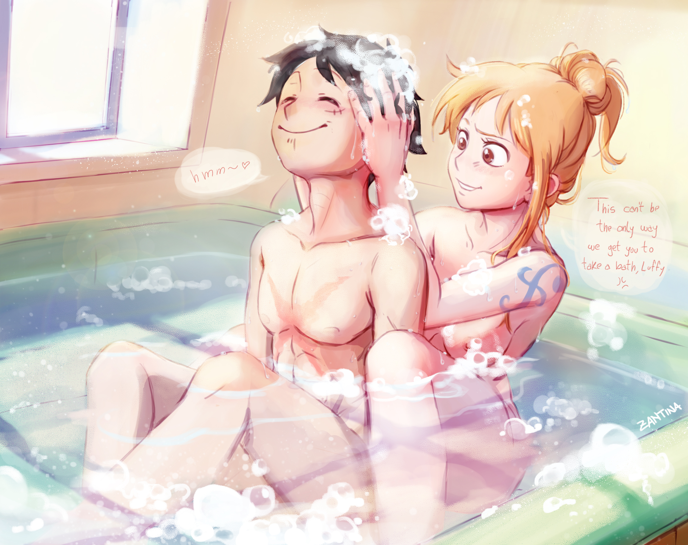 zantinaa, monkey d. luffy, nami (one piece), one piece, commentary, english commentary, highres, 1boy, 1girl, artist name, bath, bathing, bathroom, black hair, breasts, brown eyes, closed mouth, collarbone, completely nude, cross scar, english text, facial scar, feet out of frame, hair bun, hair up, hands in another's hair, indoors, long hair, looking at another, medium breasts, nipples, nude, orange hair, parted lips, partially submerged, pectorals, scar, scar on cheek, scar on chest, scar on face, shampoo, shared bathing, short hair, shoulder tattoo, single sidelock, sitting, sitting between lap, smile, soap, soap bubbles, tattoo, washing another, washing hair, water, wet