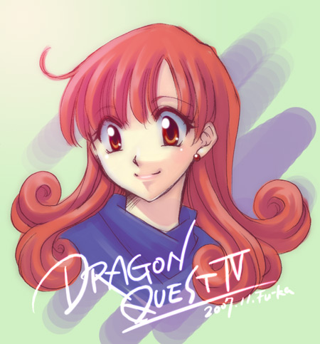 fu-ka, alena (dq4), chunsoft, dragon quest, dragon quest iv, enix, lowres, 00s, 1girl, 2007, copyright name, dated, earrings, female focus, jewelry, long hair, ponytail, portrait, red eyes, red hair, smile, solo