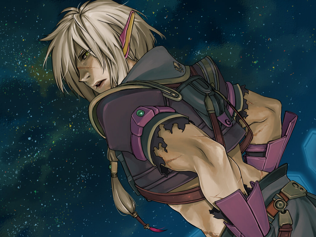 kanimaru, arumat p. thanatos, star ocean, star ocean: the last hope, 1boy, ear covers, long hair, looking back, male focus, scar, solo, star (symbol), white hair, yellow eyes
