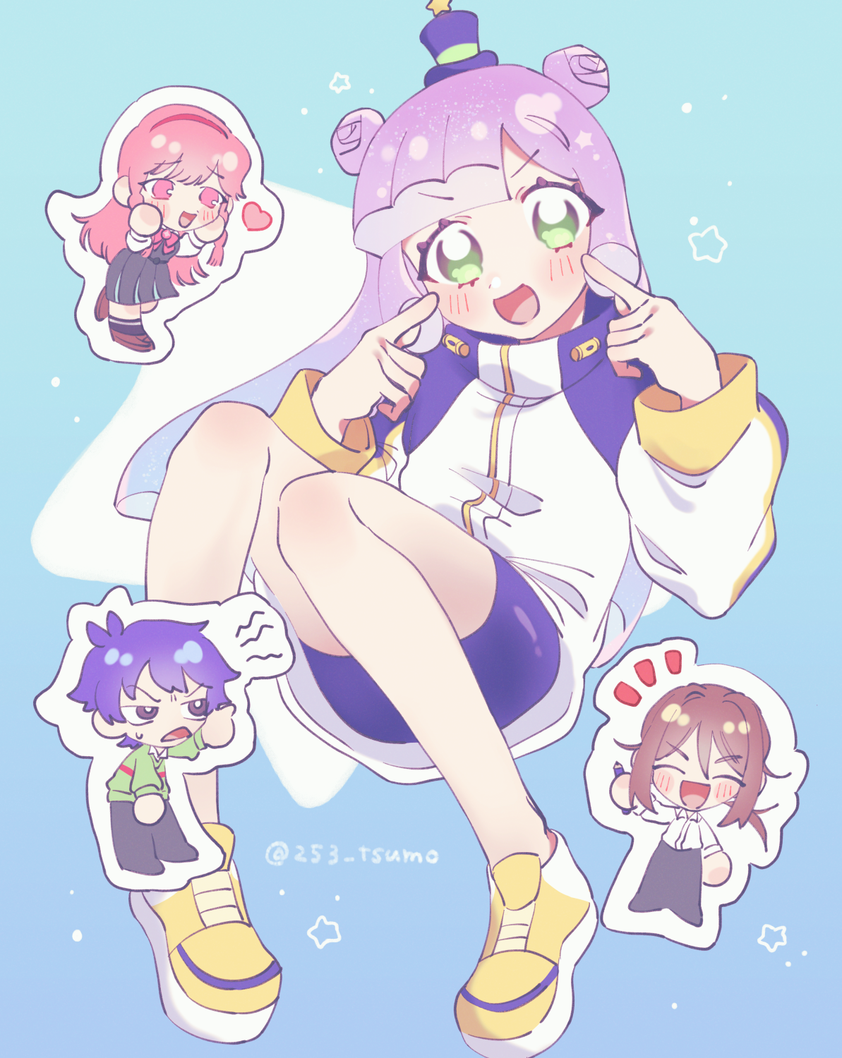 kawaii kotarou, kirara mami, puniru (puniru wa kawaii slime), puniru wa kawaii slime, highres, 2boys, 2girls, :d, blue background, blue bike shorts, blue hat, chibi, double bun, gradient hair, green eyes, hair bun, hat, looking at viewer, mini hat, mini top hat, monster girl, multicolored hair, multiple boys, multiple girls, nanpa yuusuke, nikomi tsumo, open mouth, pink hair, shoes, slime girl, slime hair, smile, top hat, yellow shoes