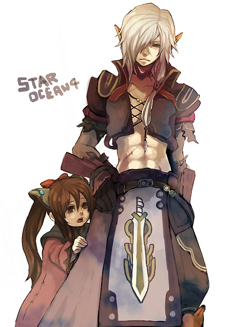 arumat p. thanatos, lymle lemuri phi, star ocean, star ocean: the last hope, 1boy, 1girl, brown hair, child, copyright name, long hair, pointy ears, ribbon, scar, size difference, twintails, white hair