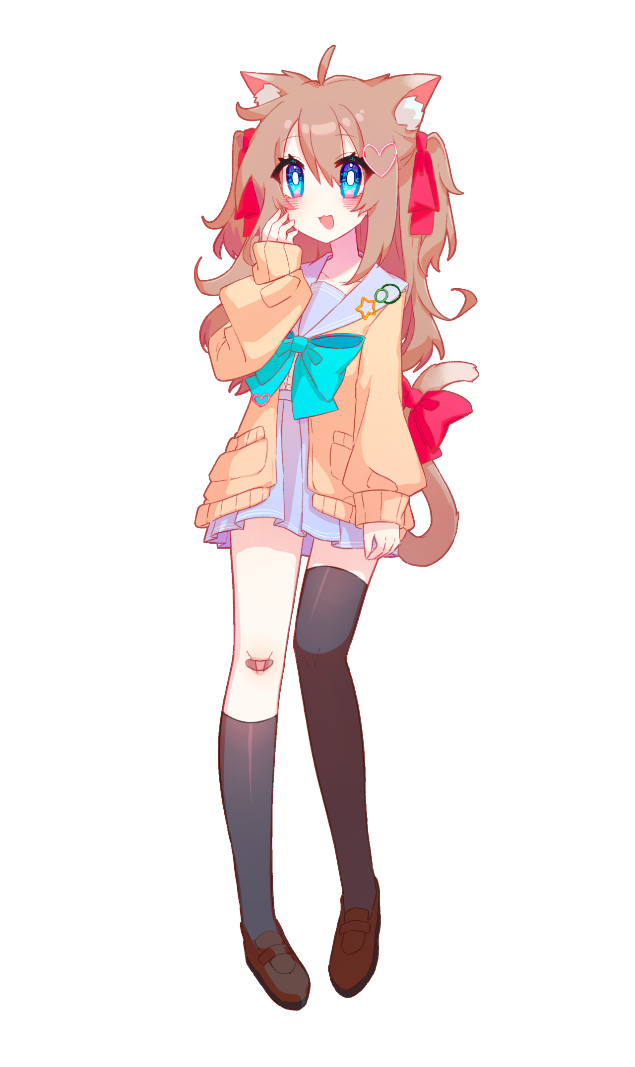 neuro-sama, commentary request, highres, 1girl, ahoge, animal ears, aqua bow, aqua bowtie, asymmetrical legwear, black shoes, black socks, black thighhighs, blue eyes, blue sailor collar, blue skirt, bow, bowtie, brown hair, cardigan, cat ears, cat tail, full body, hair between eyes, hair ornament, hair ribbon, heart, heart hair ornament, long hair, long sleeves, miniskirt, open mouth, red ribbon, ribbon, sailor collar, shoes, simple background, single sock, single thighhigh, skirt, socks, solo, tail, tail bow, tail ornament, thighhighs, two side up, uneven legwear, user hmyv8473, vedal ai, virtual youtuber, white background, yellow cardigan