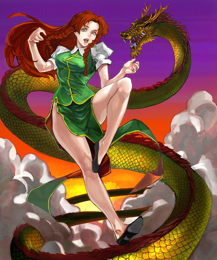 touge (kubiwa tsuki), hong meiling, immaterial and missing power, touhou, bad id, bad pixiv id, 1girl, braid, dragon, eastern dragon, female focus, legs, lips, long hair, red hair, solo, twin braids