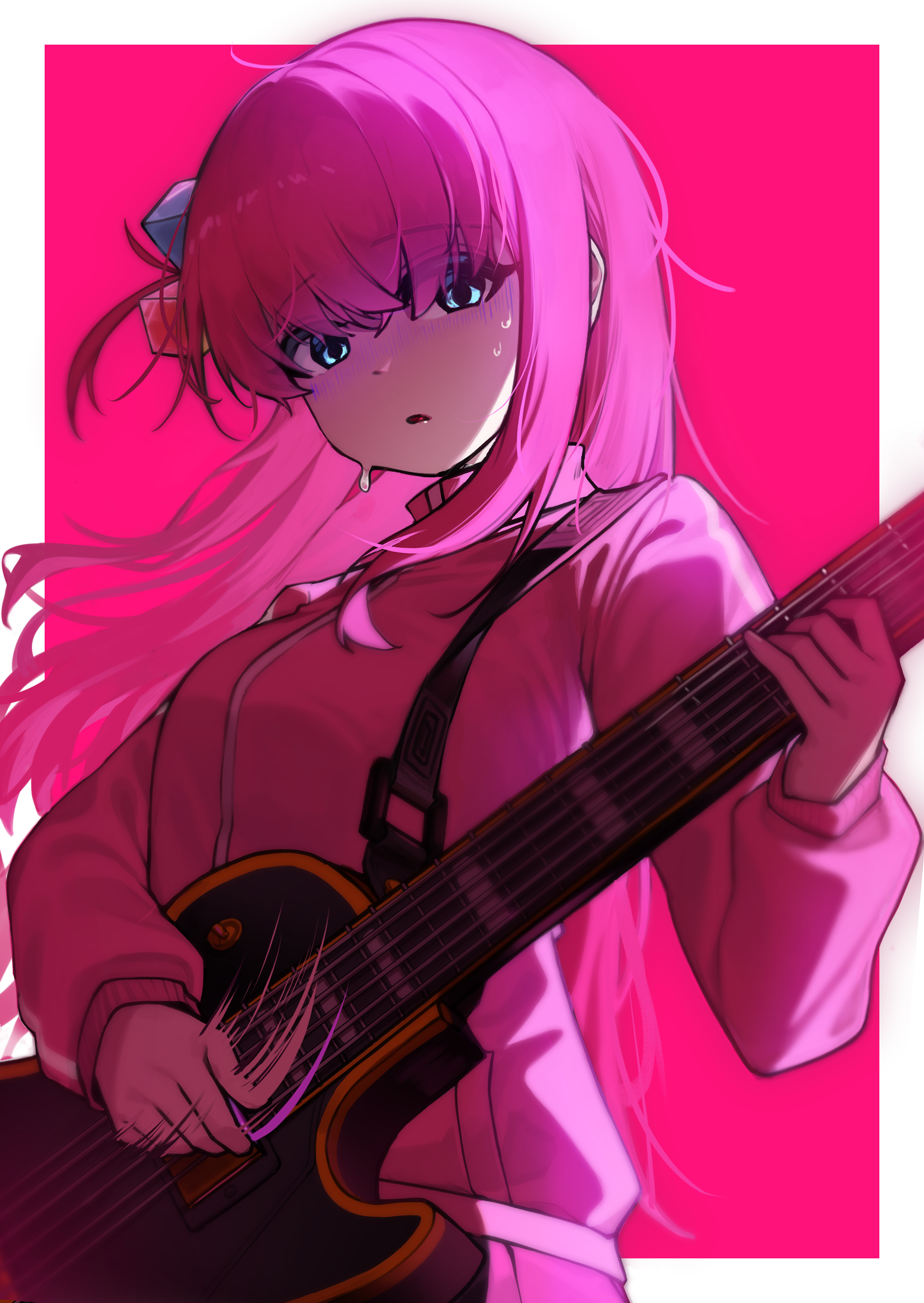 moving gun, gotoh hitori, bocchi the rock!, absurdres, commentary request, highres, 1girl, blue eyes, border, cowboy shot, floating hair, from below, guitar, hair between eyes, holding, holding guitar, holding instrument, instrument, jacket, long bangs, long hair, long sleeves, looking at viewer, looking down, motion lines, music, outside border, parted lips, pink background, pink hair, pink jacket, pink theme, playing guitar, playing instrument, simple background, solo, standing, sweat, track jacket, turn pale, white border, wispy bangs