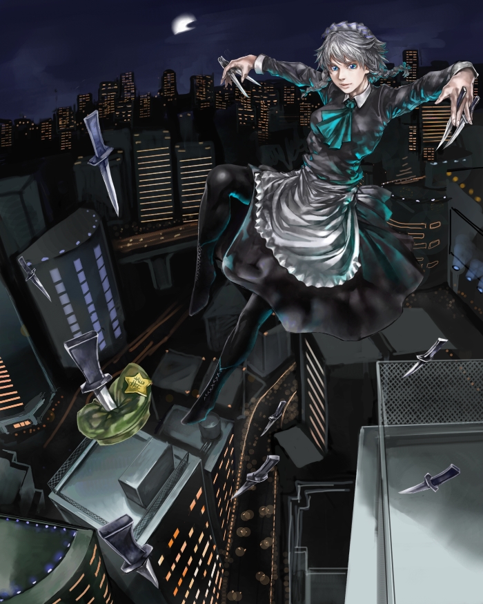 touge (kubiwa tsuki), hong meiling, izayoi sakuya, touhou, silver hair, bad id, bad pixiv id, 1girl, apron, braid, female focus, knife, maid, maid apron, outdoors, ribbon, short hair, sky, solo, twin braids
