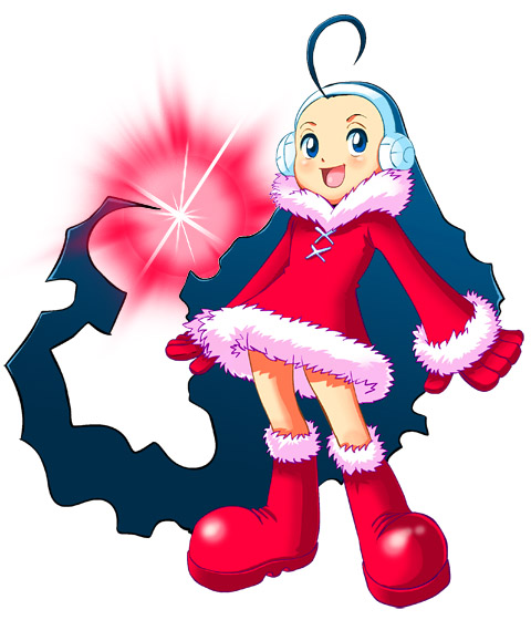 egloo-tan, archived source, artist request, commentary request, korean commentary, 1girl, absurdly long hair, ahoge, blue hair, blush, boots, cross-laced clothes, cross-laced dress, dot nose, dress, earmuffs, egloos, forehead, full body, fur-trimmed boots, fur-trimmed dress, fur collar, fur trim, gloves, gradient hair, knee boots, long hair, long sleeves, looking to the side, mascot, multicolored hair, narrow waist, open hands, open mouth, red boots, red dress, red gloves, red sleeves, santa costume, santa dress, simple background, solo, sparks, tongue, very long hair, white background, winter clothes