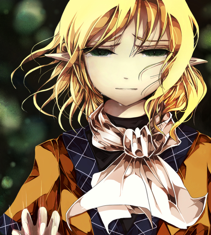 awkwardkuroki, mizuhashi parsee, touhou, bad id, bad pixiv id, 1girl, blonde hair, blurry, crying, depth of field, female focus, fingernails, green eyes, pointy ears, scarf, short hair, slit pupils, solo, streaming tears, tears, upper body, wind