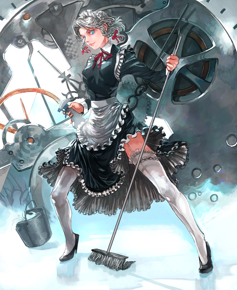touge (kubiwa tsuki), izayoi sakuya, touhou, silver hair, bad id, bad pixiv id, 1girl, apron, blue eyes, braid, broom, bucket, clock, female focus, gears, high heels, legs, lips, maid, maid apron, mop, ribbon, shoes, short hair, solo, thighhighs, twin braids