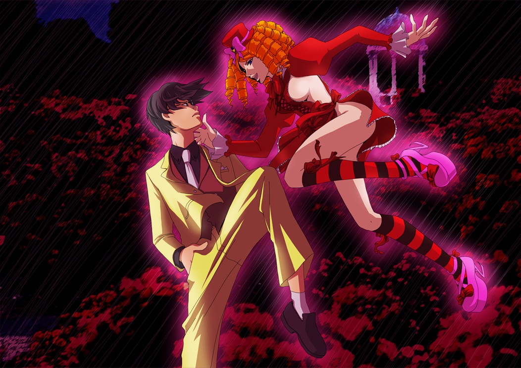 aikabocha, akiabocha, gaap (umineko), ushiromiya george, umineko no naku koro ni, platform footwear, striped legwear, 00s, 1boy, 1girl, blue eyes, bow, breasts, dress, drill hair, flying, formal clothes, frown, glasses, hat, high heels, large breasts, mini hat, mini top hat, necktie, orange hair, outdoors, rain, ribbon, shoes, short hair, sideboob, smile, socks, striped clothes, striped thighhighs, suit, thighhighs, top hat, tree
