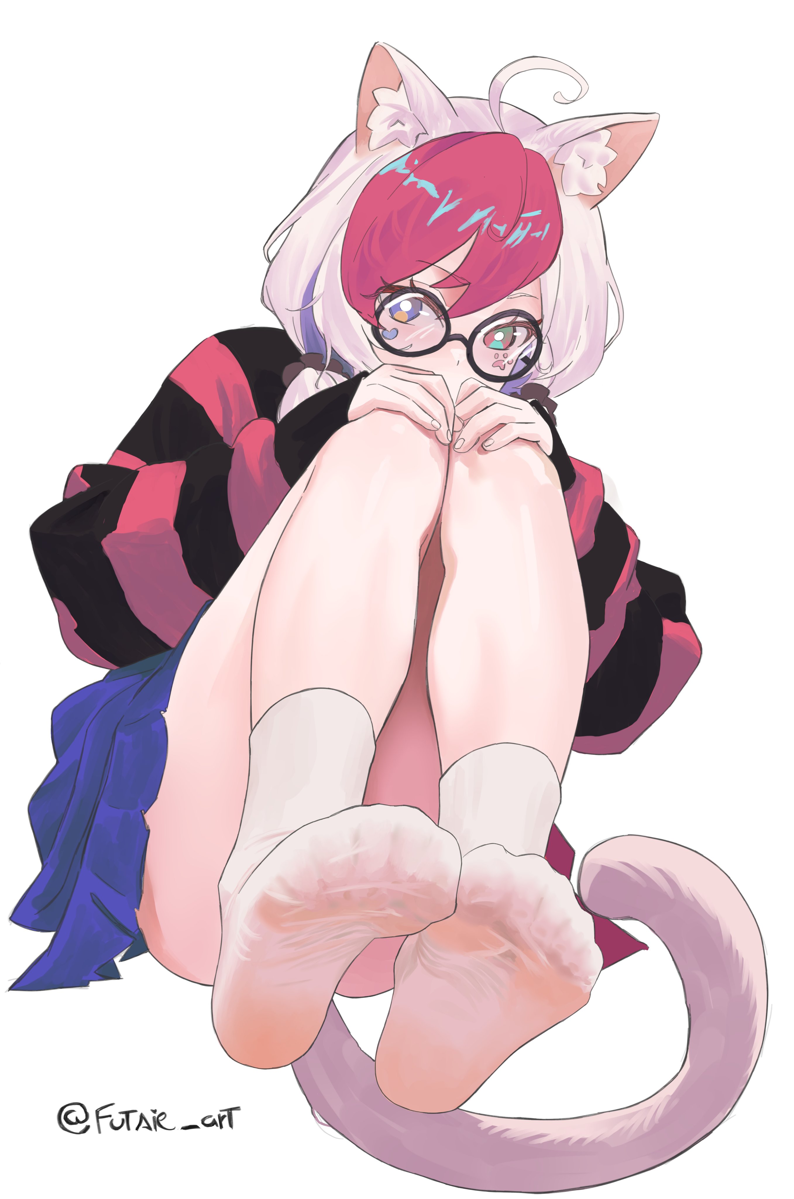 indie virtual youtuber, absurdres, highres, 1girl, ahoge, animal ear fluff, animal ears, artist name, bare legs, black-framed eyewear, blue skirt, cat ears, cat girl, cat tail, convenient leg, feet, foot focus, full body, futsie art, glass, grey hair, hands on own knees, hands up, knees up, legs, miniskirt, multicolored hair, no shoes, pink hair, pink sweater, round eyewear, simple background, sitting, skirt, socks, soles, solo, striped clothes, striped sweater, sweater, tail, toe scrunch, toenails, toes, twitter username, two-tone hair, virtual youtuber, white background, white socks