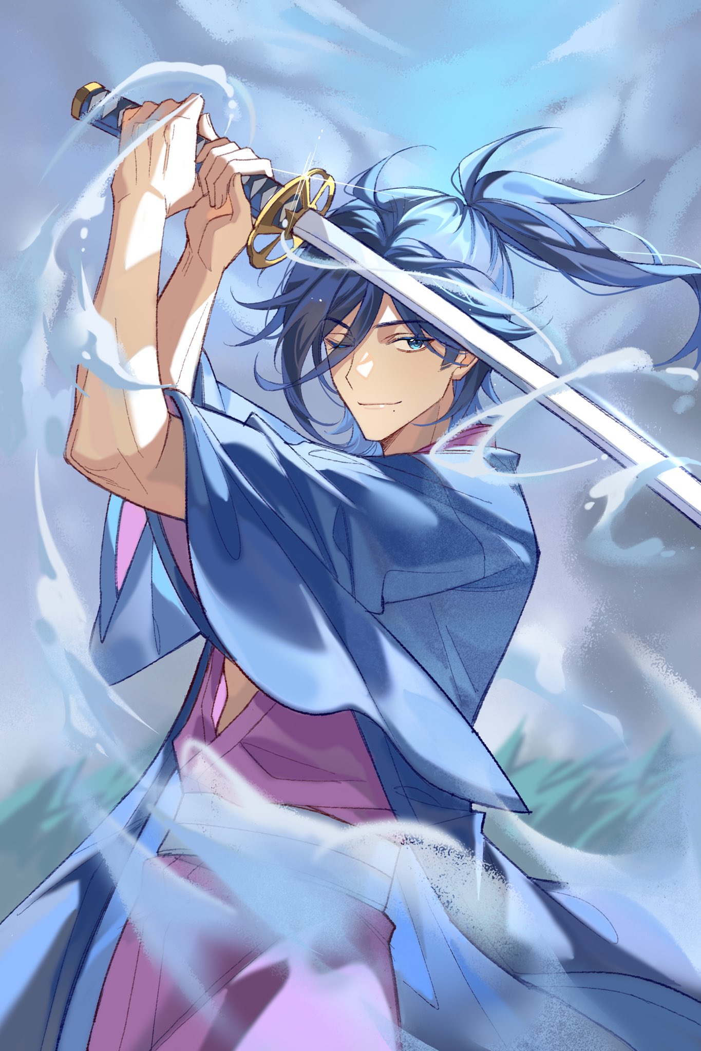 cecilus segmunt, re:zero kara hajimeru isekai seikatsu, highres, 1boy, arms up, blue eyes, blue hair, blue jacket, closed mouth, cloud, cowboy shot, grass, hair between eyes, haori, high ponytail, holding, holding sword, holding weapon, jacket, japanese clothes, katana, kimono, lizijianggaifan, long hair, looking at viewer, male focus, outdoors, pink kimono, ponytail, purple kimono, sash, sky, smile, solo, sword, water, weapon, wide sleeves