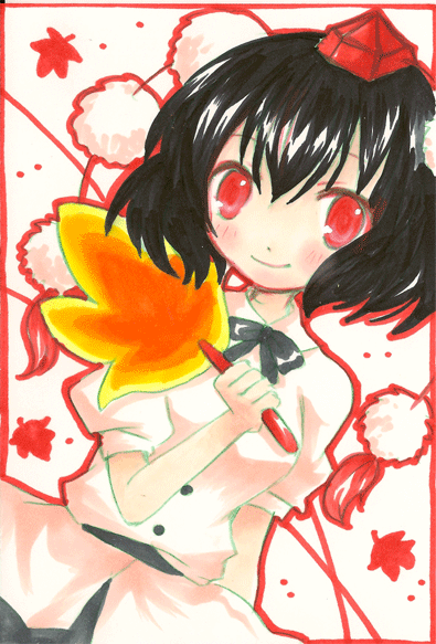 emo (artist), shameimaru aya, touhou, bad id, bad pixiv id, 1girl, black hair, blush, female focus, hand fan, hat, looking at viewer, red eyes, solo, tokin hat