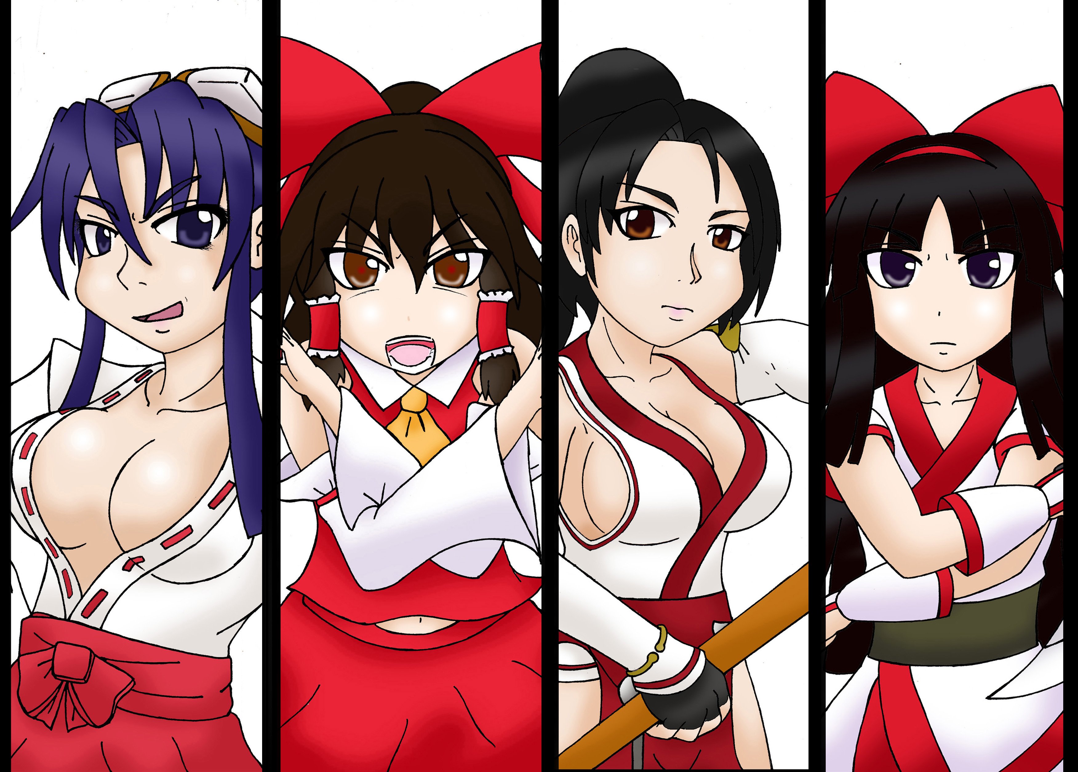hakurei reimu, momiji (ninja gaiden), nakoruru, togashi koyori, dead or alive, ninja gaiden, samurai spirits, sengoku blade, snk, the king of fighters, touhou, absurdres, highres, 4girls, ainu clothes, black eyes, blue eyes, blue hair, breasts, brown eyes, brown hair, cleavage, crossed arms, crossover, fighting stance, fingerless gloves, gloves, goggles, goggles on head, hair ribbon, japanese clothes, legs, long hair, long skirt, looking at viewer, midriff, miko, multiple girls, naginata, navel peek, no bra, open mouth, polearm, ponytail, ribbon, serious, sideboob, skirt, smile, thighs, tongue, weapon