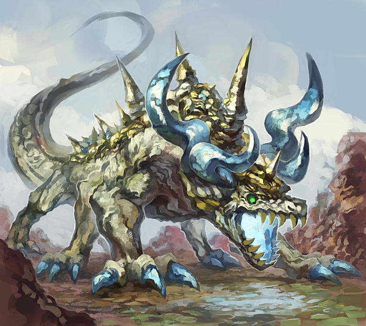 inadaokiki, ultima weapon, final fantasy, final fantasy vi, 1990s (style), claws, fangs, horns, monster, no humans, outdoors, sky, solo, tail, teeth