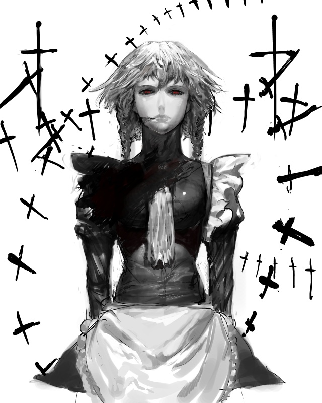 youyou (yoyoyo), izayoi sakuya, touhou, bad id, bad pixiv id, 1girl, apron, braid, expressionless, female focus, knife, maid, maid apron, monochrome, red eyes, side braid, solo, spot color, twin braids
