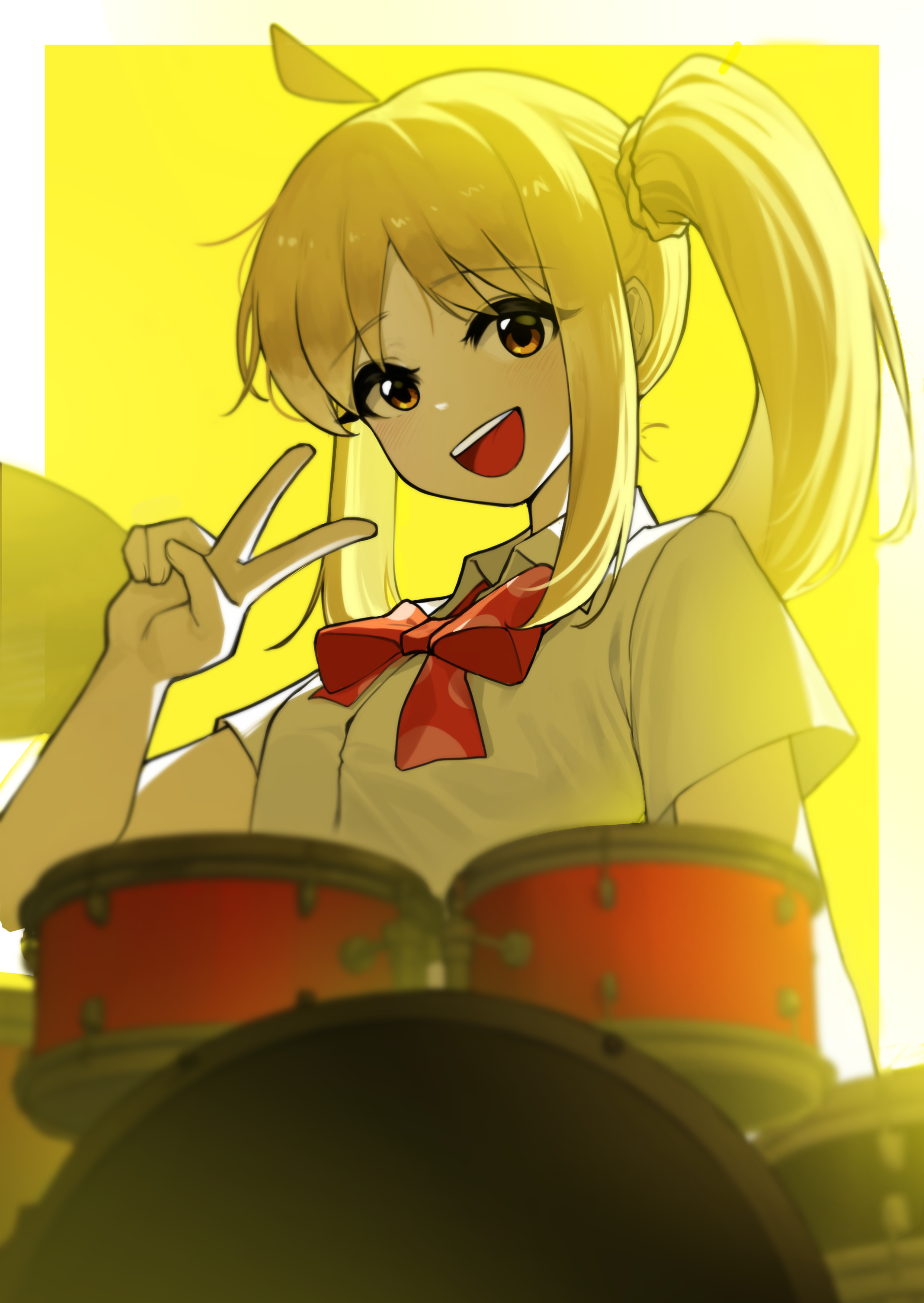 moving gun, ijichi nijika, bocchi the rock!, absurdres, commentary request, highres, 1girl, ahoge, backlighting, blonde hair, blurry, blurry foreground, border, bow, bowtie, braid, collared shirt, depth of field, drum, drum set, hand up, instrument, long hair, looking at viewer, open mouth, outside border, parted bangs, polka dot, polka dot bow, polka dot bowtie, red bow, red bowtie, school uniform, shimokitazawa high school uniform, shirt, short sleeves, side ponytail, side ponytail with braided base, simple background, smile, solo, v, white border, white shirt, wing collar, yellow background, yellow eyes, yellow theme