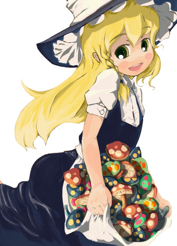 gigokku, kirisame marisa, touhou, 1girl, blonde hair, braid, female focus, hat, mushroom, solo, witch, witch hat, yellow eyes