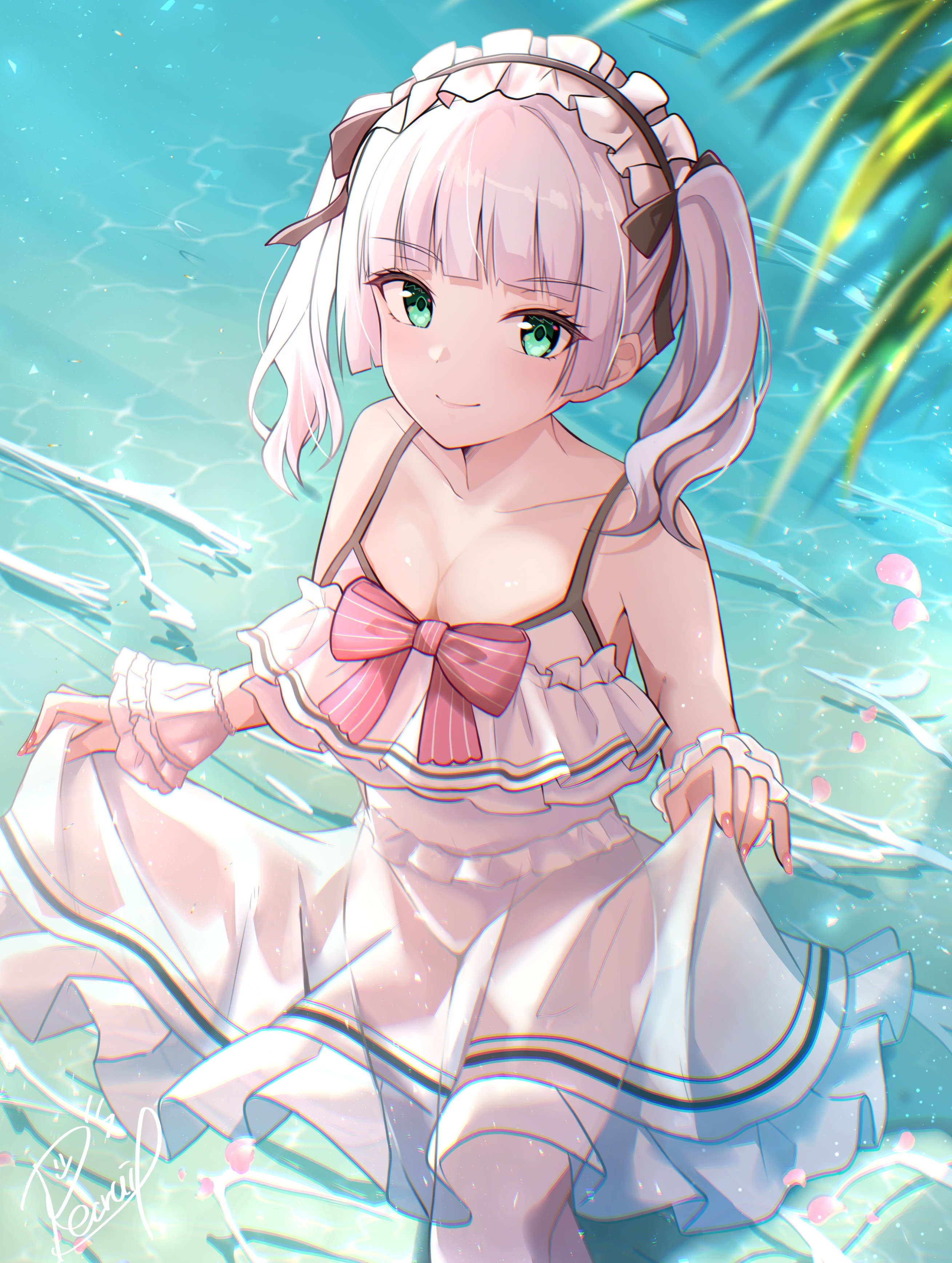 rrtp, heaven burns red, absurdres, highres, 1girl, bare shoulders, beach, black ribbon, blunt bangs, blurry, blurry foreground, blush, bow, breasts, cleavage, closed mouth, collarbone, dress, dress bow, frilled dress, frilled hairband, frills, green eyes, hairband, headdress, large breasts, long hair, looking at viewer, maid headdress, medium breasts, medium hair, ocean, outdoors, palm leaf, petals, petals on liquid, pink bow, red bow, ribbon, see-through clothes, see-through dress, shallow water, skirt hold, sleeveless, sleeveless dress, smile, solo, spaghetti strap, standing, striped bow, sugawara chie, sundress, swimsuit, thighhighs, twintails, wading, water, wet, wet clothes, wet dress, white dress, white hair, white thighhighs, wrist cuffs