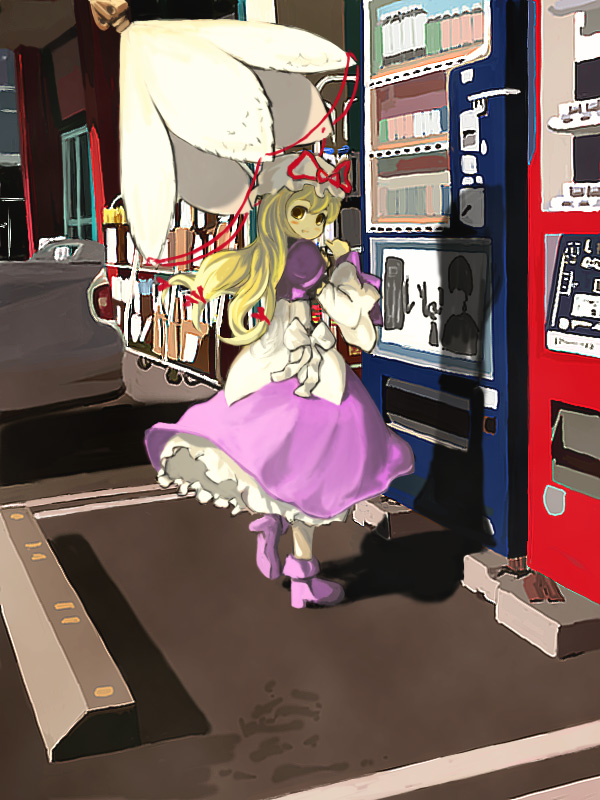 gigokku, yakumo yukari, yakumo yukari (young), touhou, 1girl, aged down, blonde hair, female focus, hat, ribbon, solo, umbrella, vending machine