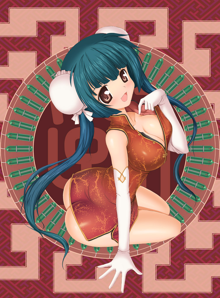 aokihoshi, wang liu mei, gundam, gundam 00, 00s, 1girl, ass, bare shoulders, blue hair, breasts, brown eyes, bun cover, butt crack, china dress, chinese clothes, cleavage, double bun, dress, elbow gloves, female focus, gloves, hair bun, large breasts, long hair, narrow waist, no panties, sitting, smile, solo, twintails