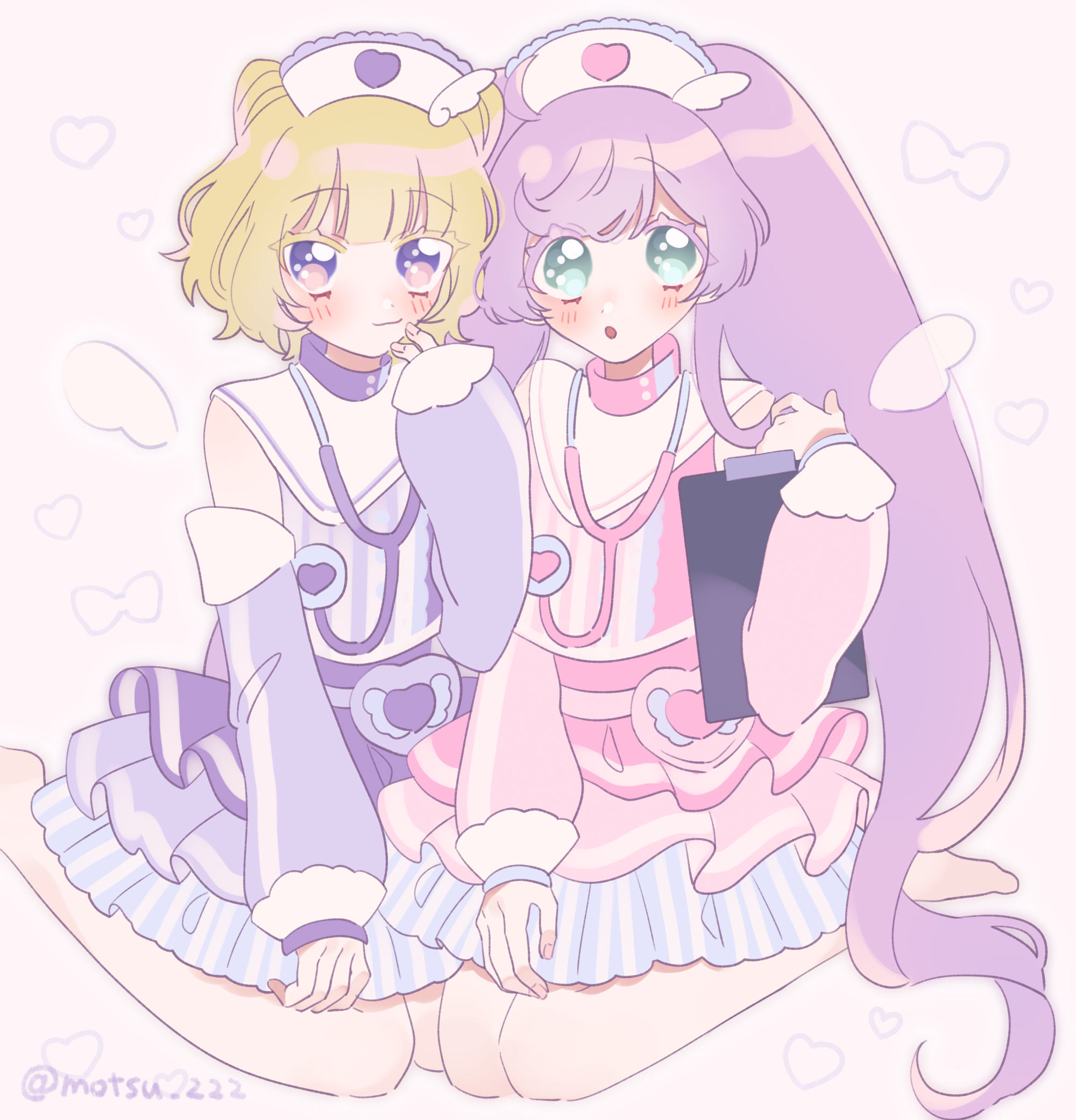 manaka laala, minami mirei, pretty series, pripara, highres, 2girls, blonde hair, clipboard, full body, green eyes, hat, holding, holding clipboard, long hair, looking at viewer, multiple girls, nikomi tsumo, nurse, nurse cap, purple eyes, purple hair, short hair, sitting, stethoscope, very long hair, wariza