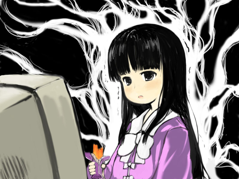 gigokku, houraisan kaguya, touhou, 1girl, black eyes, black hair, blunt bangs, bow, computer, female focus, food, hime cut, long hair, monitor, ribbon, solo