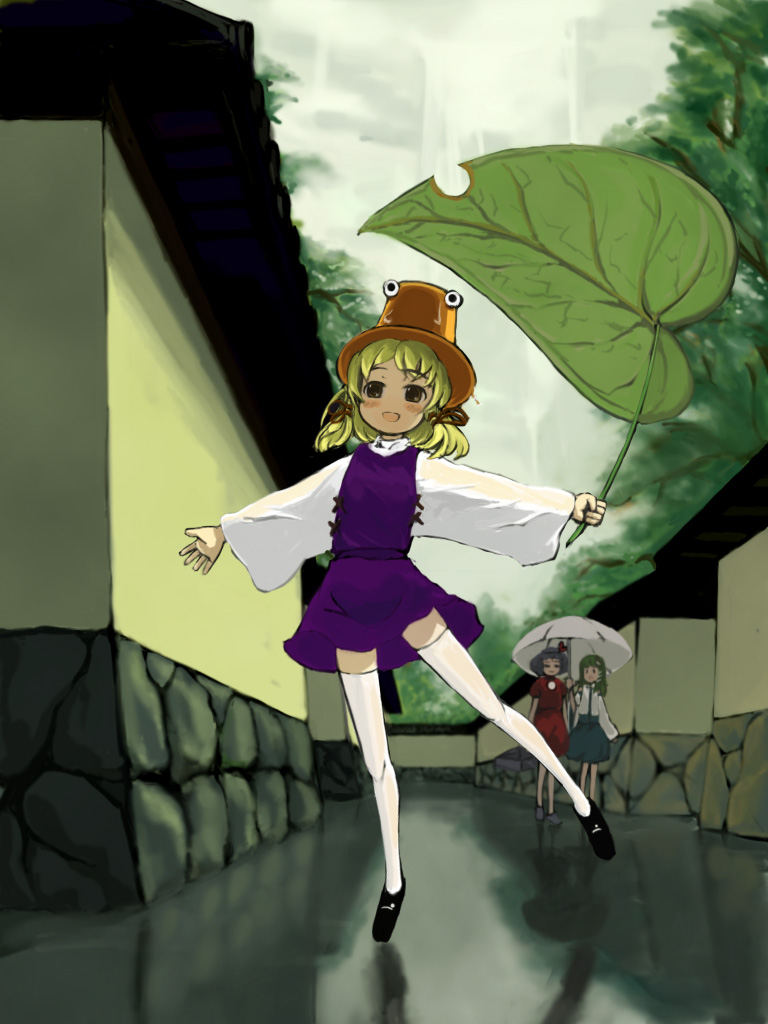 gigokku, kochiya sanae, moriya suwako, yasaka kanako, touhou, 3girls, female focus, hat, leaf umbrella, multiple girls, nature, outdoors, plant, ribbon, short hair, skirt, sky, thighhighs