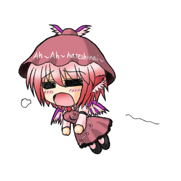 yani tama, mystia lorelei, touhou, 1girl, = =, chibi, female focus, full body, hat, pink hair, simple background, solo, white background, wings