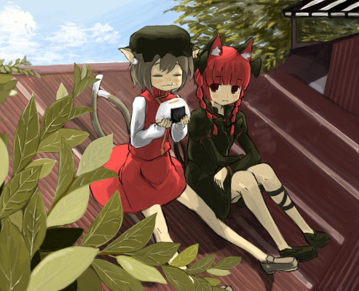 gigokku, chen, kaenbyou rin, touhou, 2girls, animal ears, braid, cat ears, cat girl, cat tail, closed eyes, eating, female focus, food, hat, multiple girls, multiple tails, rooftop, short hair, tail, twin braids