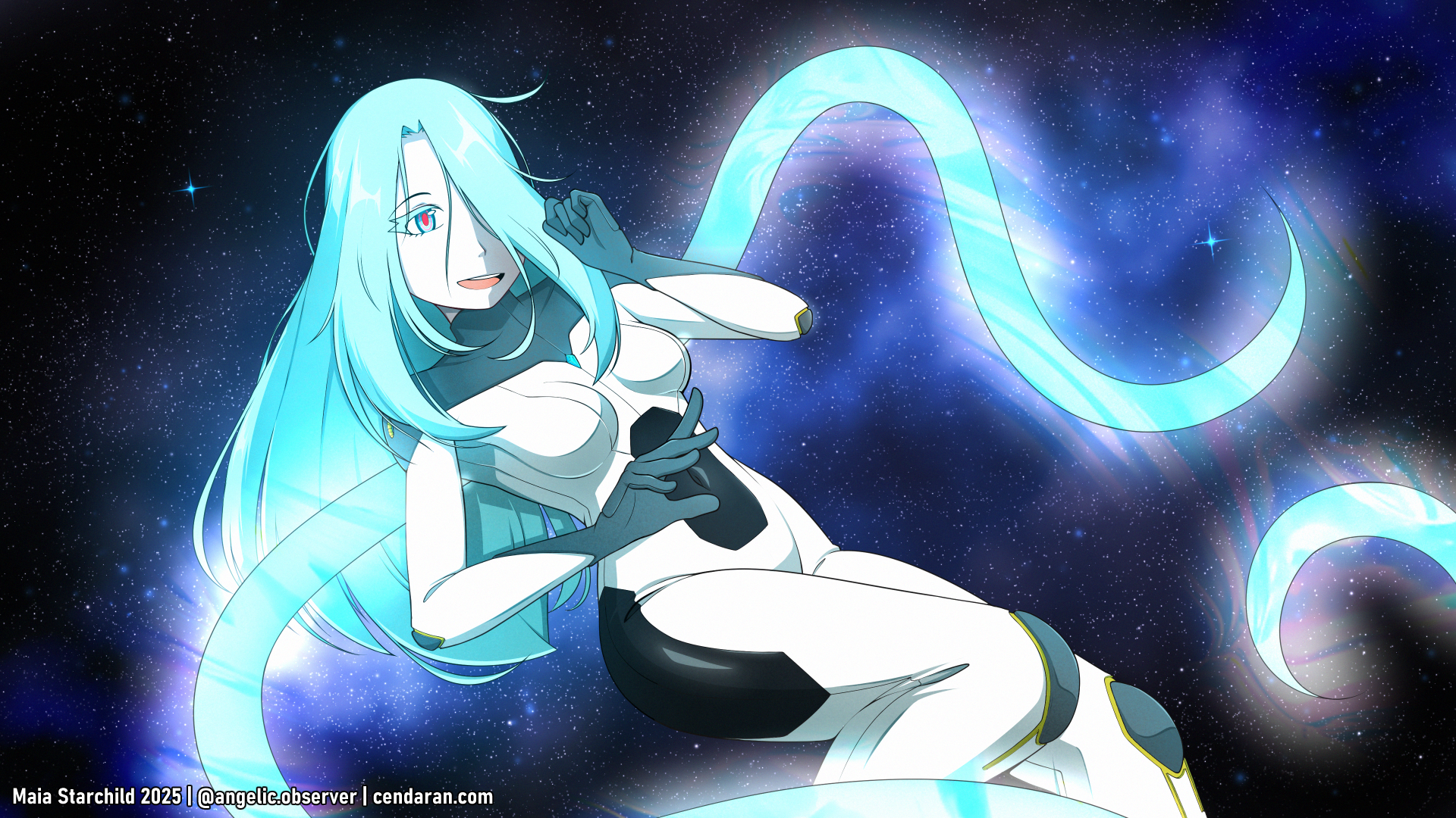 highres, self-upload, 1girl, auriel (cendaran), blue eyes, blue hair, bodysuit, cendaran, gloves, glowing, glowing eyes, glowing hair, knee pads, leaning back, long hair, looking at viewer, maia starchild, messy hair, open mouth, red pupils, skin tight, smile, solo, space, tentacles