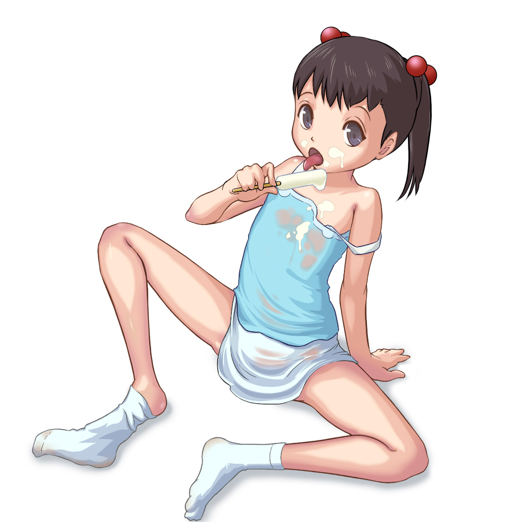 ttl, original, messy, 1girl, barefoot, brown hair, feet, female focus, flat chest, food, hair bobbles, hair ornament, licking, loli, popsicle, see-through clothes, sexually suggestive, sitting, sock dangle, socks, solo, spread legs, strap slip, twintails, wet, wet clothes