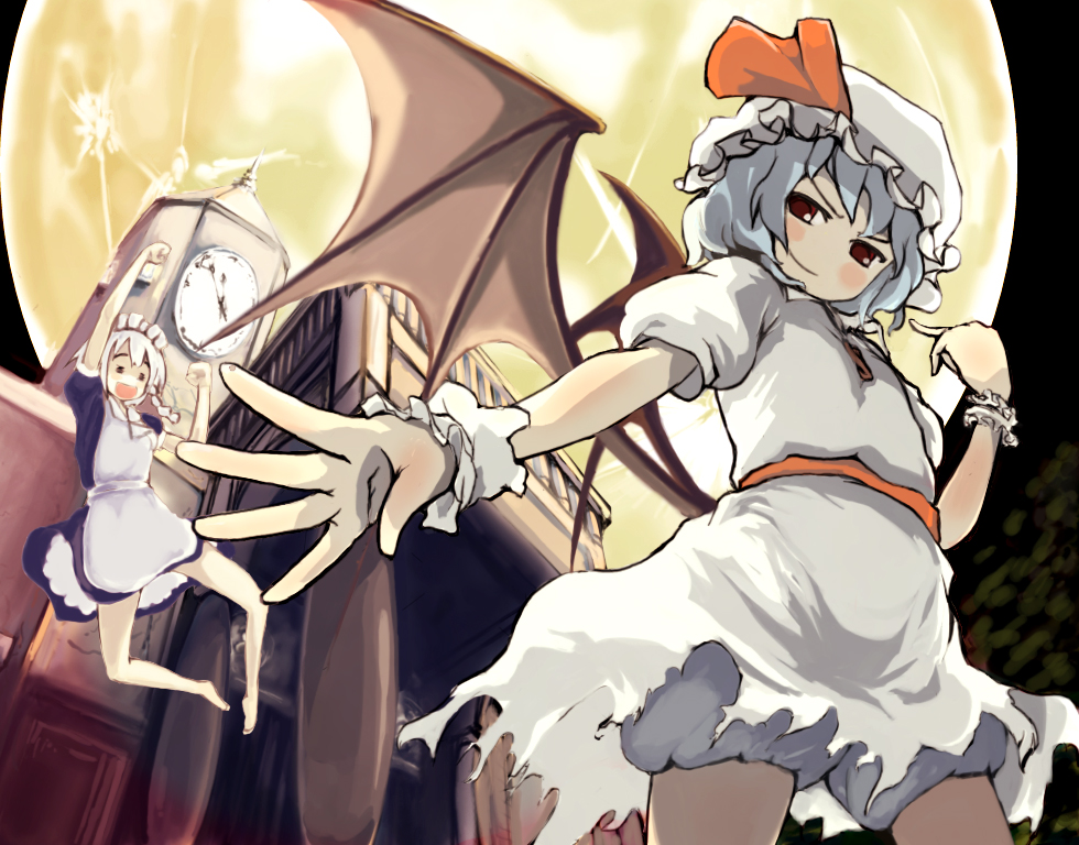 gigokku, izayoi sakuya, remilia scarlet, touhou, 1girl, barefoot, dress, female focus, foreshortening, hat, jumping, maid, moon, outdoors, ribbon, scarlet devil mansion, short hair, sky, solo, torn clothes, underwear, wings
