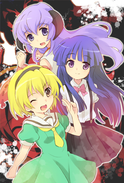 tachitsu teto, furude rika, hanyuu, houjou satoko, higurashi no naku koro ni, 00s, 3girls, blonde hair, blue eyes, blue hair, bow, dress, green skirt, index finger raised, multiple girls, one eye closed, pink bow, purple eyes, purple hair, sailor dress, school uniform, skirt, suspender skirt, suspenders, wink