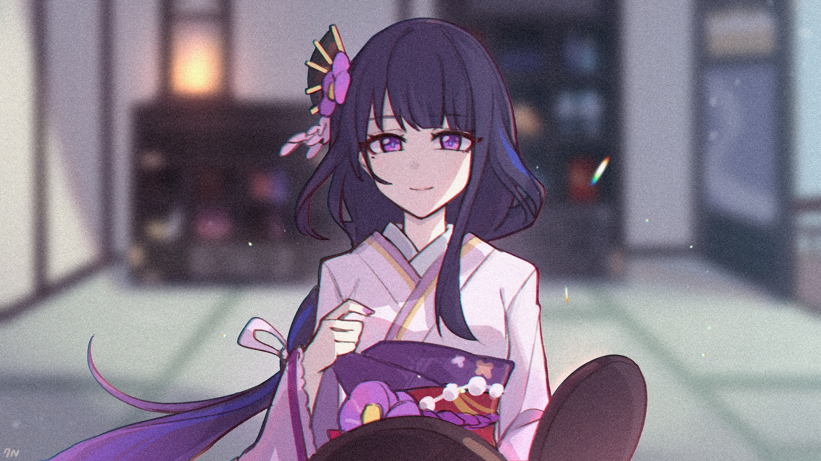 c520gpss, makoto (genshin impact), raiden shogun, genshin impact, chinese commentary, highres, 1girl, blue pupils, blunt bangs, blurry, blurry background, closed mouth, cosplay, fan hair ornament, flower, flower ornament, glowing, gradient hair, hair ornament, hand mirror, head tilt, holding, holding mirror, indoors, japanese clothes, kimono, light particles, light smile, long hair, long sleeves, looking at viewer, low-tied long hair, makoto (genshin impact) (cosplay), mirror, mole, mole under eye, multicolored eyes, multicolored hair, purple eyes, purple flower, purple kimono, purple nails, red sash, sash, shade, sitting, solo, streaked hair, upper body, wide sleeves, wisteria