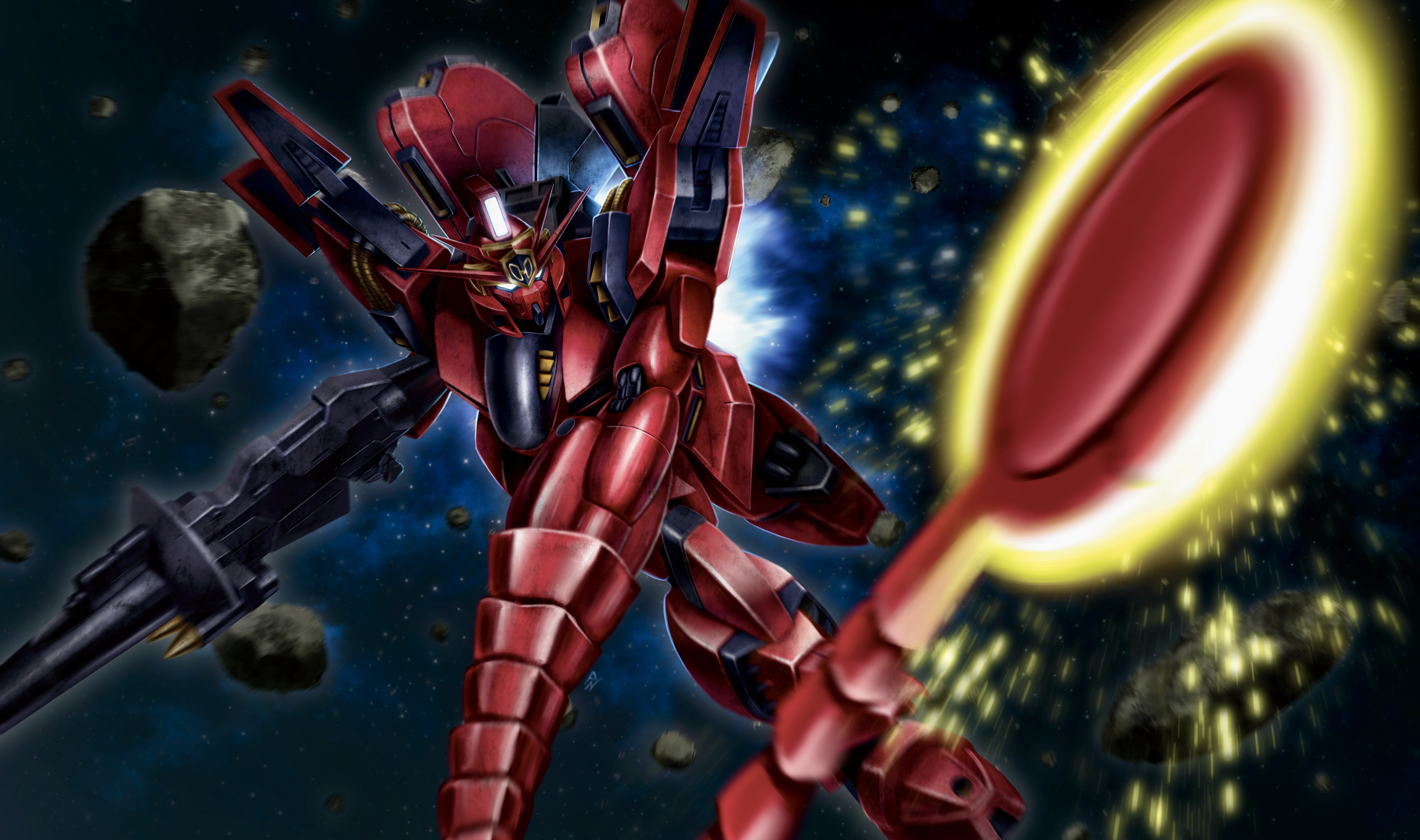 primate nemesis, crossbone gundam, gundam, mobile suit gundam, absurdres, highres, beam shield, energy cannon, energy sword, gun, head chain, jewelry, lance, machine gun, mecha, mobile suit, polearm, robot, science fiction, space, sword, thrusters, vigna ghina ii, weapon