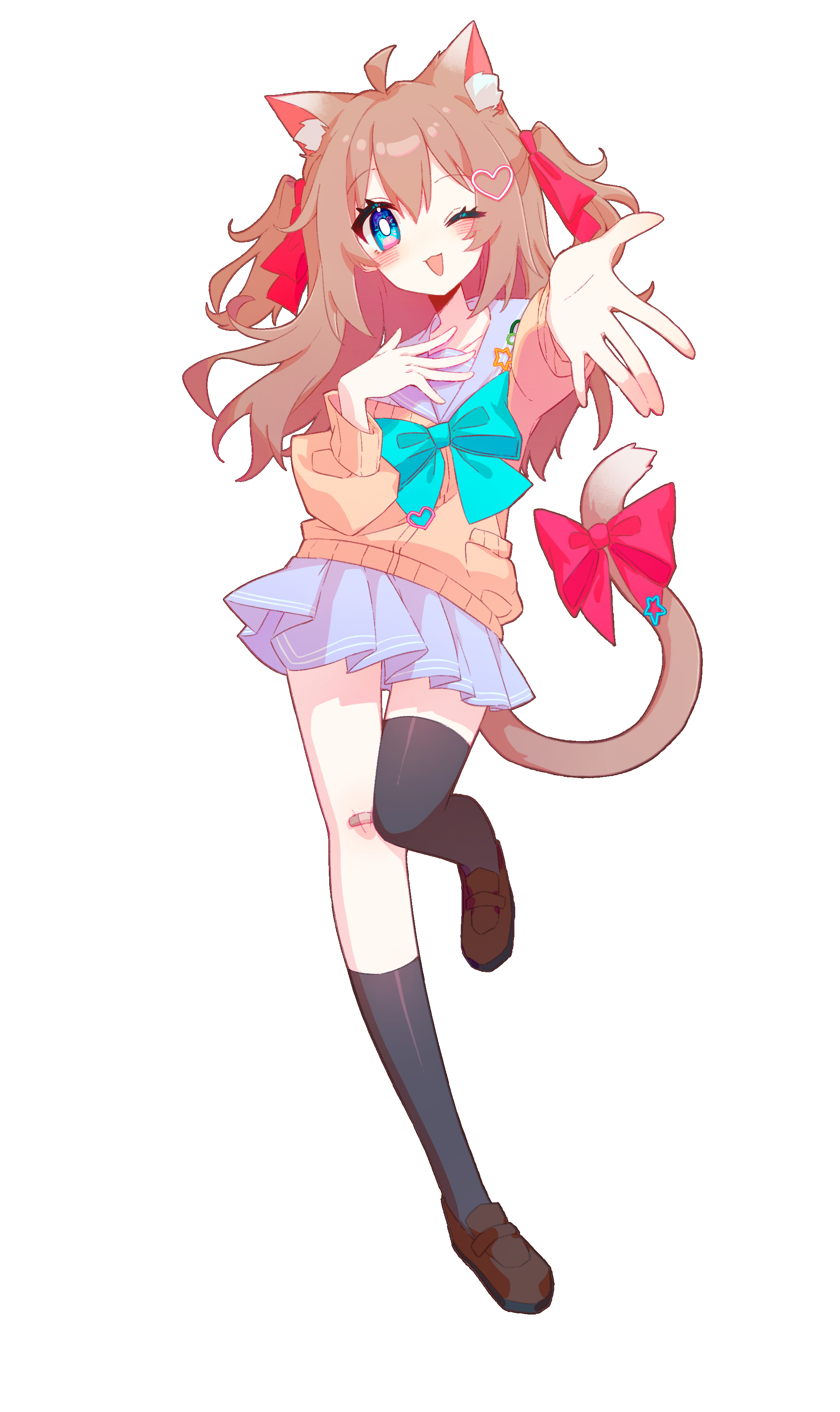 neuro-sama, absurdres, commentary request, highres, 1girl, ahoge, animal ears, aqua bow, aqua bowtie, asymmetrical legwear, bandaid, bandaid on knee, bandaid on leg, black shoes, black socks, black thighhighs, blue eyes, blue sailor collar, blue skirt, bow, bowtie, brown hair, cardigan, cat ears, cat tail, full body, hair between eyes, hair ornament, hair ribbon, heart, heart hair ornament, long hair, long sleeves, looking at viewer, miniskirt, one eye closed, open mouth, red ribbon, ribbon, sailor collar, shoes, simple background, single sock, single thighhigh, skirt, socks, solo, standing, standing on one leg, tail, tail bow, tail ornament, thighhighs, two side up, uneven legwear, user hmyv8473, vedal ai, virtual youtuber, white background, yellow cardigan