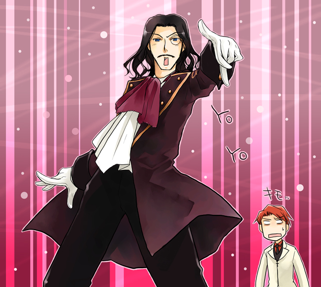 azuma shouko, ronove (umineko), ushiromiya battler, umineko no naku koro ni, 00s, 2boys, black hair, blue eyes, coat, facial hair, gloves, jacket, male focus, monocle, multiple boys, mustache, necktie, red hair