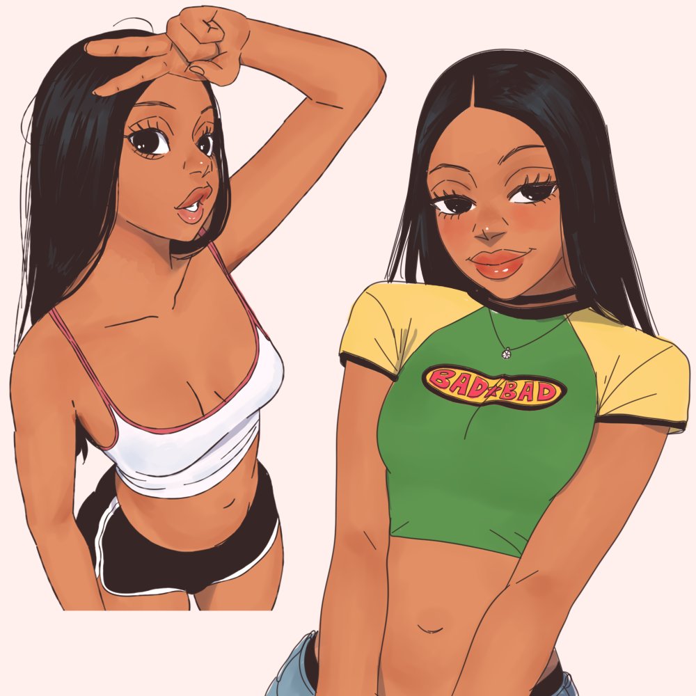 jesus aponza, rosa (jesus aponza), original, 1girl, black hair, black shorts, breasts, crop top, dark-skinned female, dark skin, dolphin shorts, green shirt, grey background, looking at viewer, midriff, multiple views, navel, print shirt, shirt, short sleeves, shorts, simple background, small breasts, tank top, white tank top, yellow sleeves