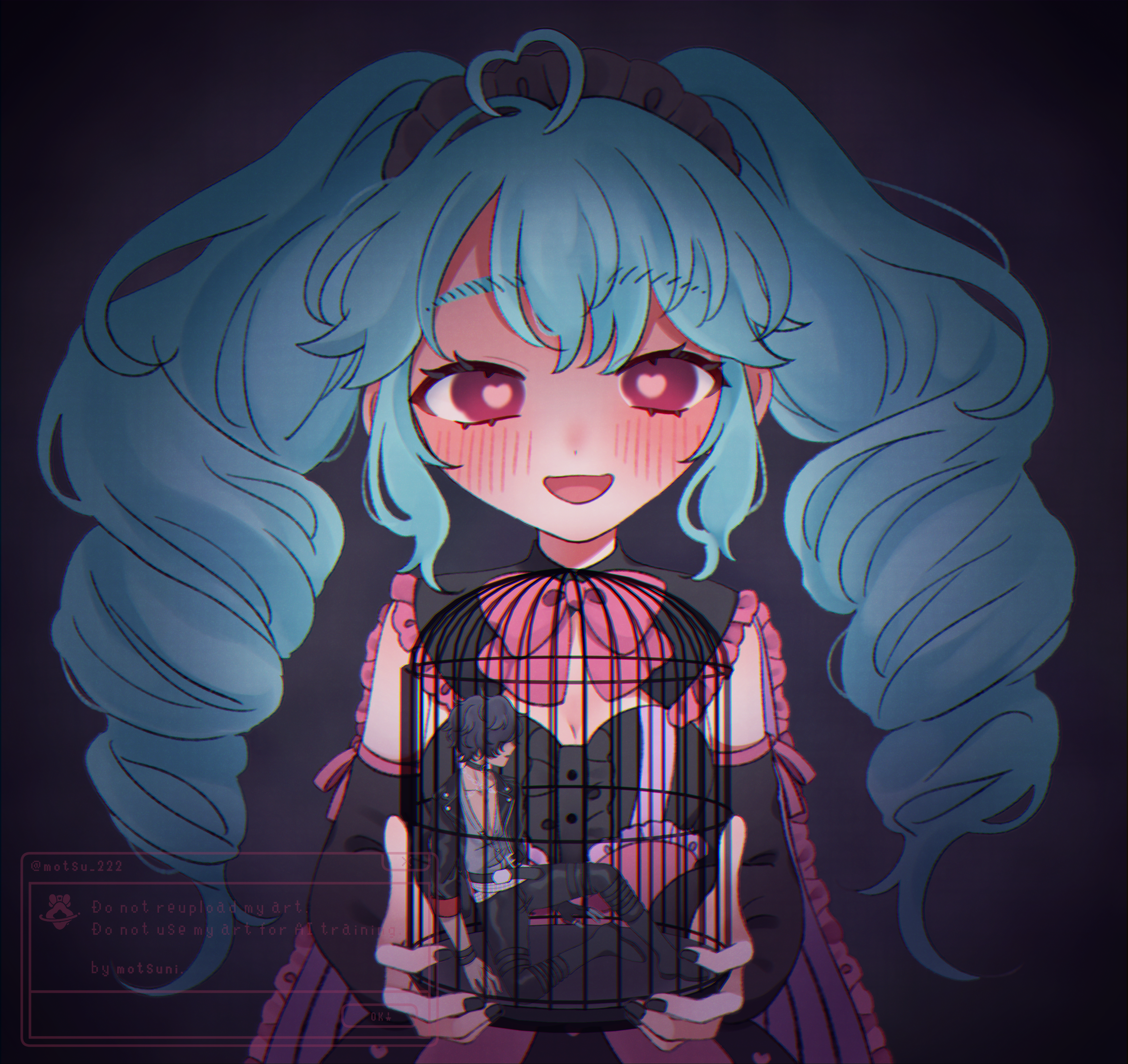 katasumi amari, pretty series, pripara, absurdres, highres, 1boy, 1girl, :d, ahoge, birdcage, blue hair, bow, cage, dark-skinned male, dark skin, drill hair, heart, heart-shaped pupils, heart ahoge, holding, holding cage, idol clothes, idol land pripara, long hair, mario (pripara), nikomi tsumo, open mouth, pink bow, pink eyes, sidelocks, smile, symbol-shaped pupils, twin drills, twintails, upper body