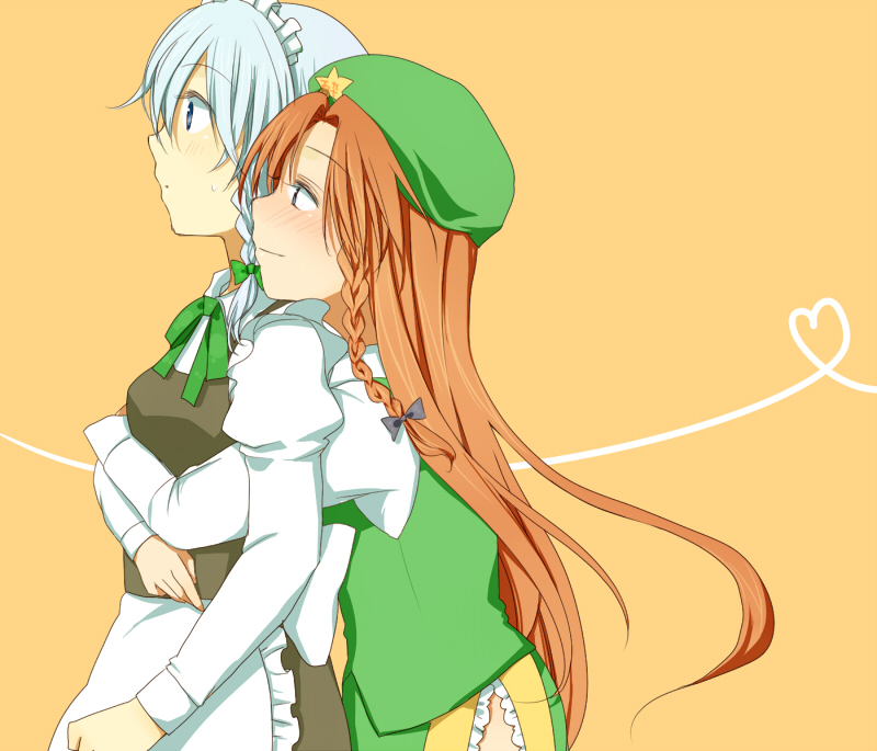 kutsushita, kutsushita (tokati r), hong meiling, izayoi sakuya, embodiment of scarlet devil, touhou, silver hair, bad id, bad pixiv id, 2girls, blush, braid, female focus, hug, maid, multiple girls, red hair, ribbon