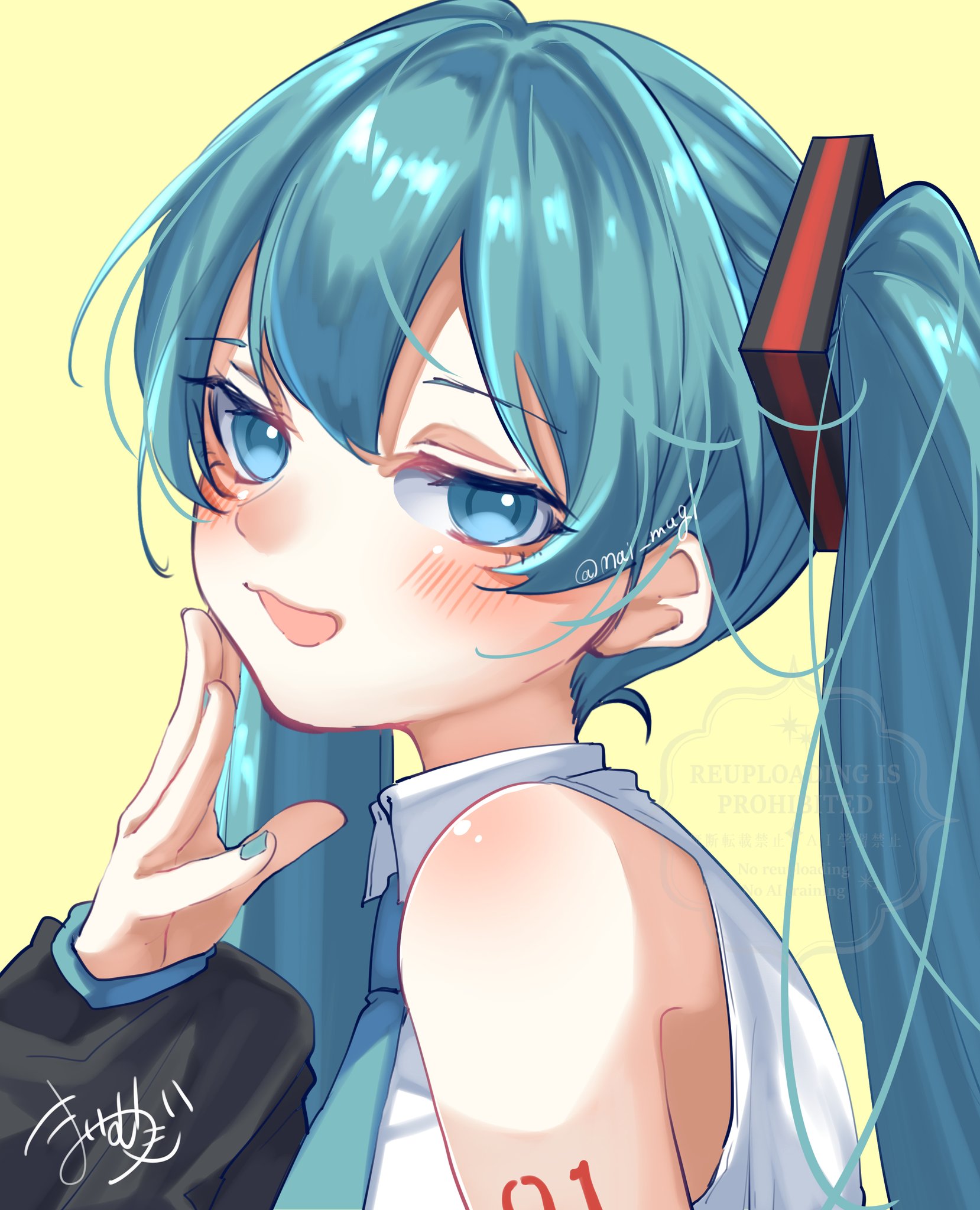mai mugi, hatsune miku, vocaloid, highres, 1girl, aqua eyes, aqua hair, aqua nails, aqua necktie, aqua trim, arm tattoo, blush, collared shirt, detached sleeves, hair between eyes, hair ornament, long hair, long sleeves, looking at viewer, necktie, number tattoo, open mouth, shirt, sleeveless, sleeveless shirt, smile, solo, tattoo, twintails, twitter username, upper body, watermark, white shirt