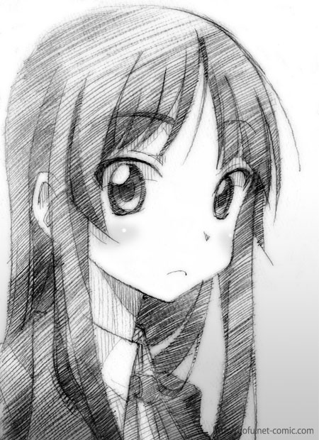 gofu, akiyama mio, k-on!, traditional media, 00s, 1girl, black hair, female focus, greyscale, long hair, monochrome, school uniform, sketch, solo
