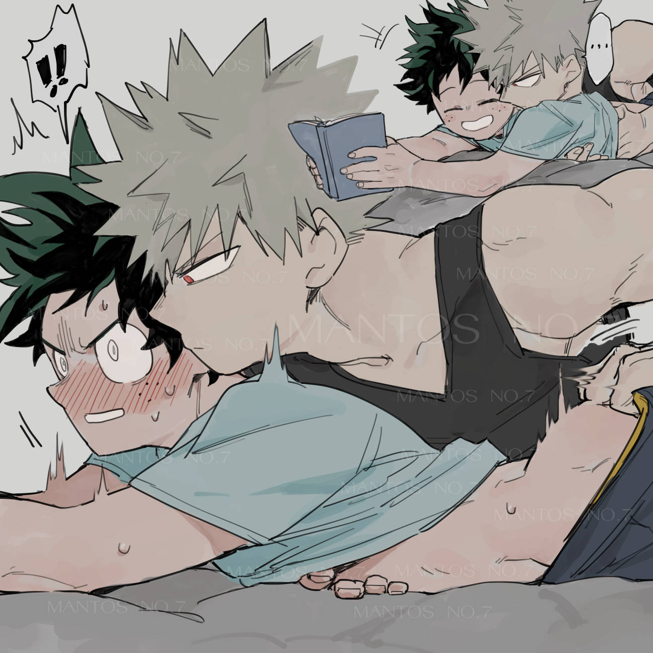 bakugou katsuki, midoriya izuku, boku no hero academia, highres, 2boys, ass, awkward, blonde hair, blush, curly hair, freckles, green eyes, green hair, lying, messy hair, multiple boys, on stomach, reading, red eyes, shirt, spiked hair, surprised, yaoi