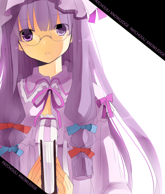 kurot, patchouli knowledge, touhou, 1girl, bespectacled, book, female focus, glasses, hat, long hair, purple eyes, purple hair, ribbon, solo