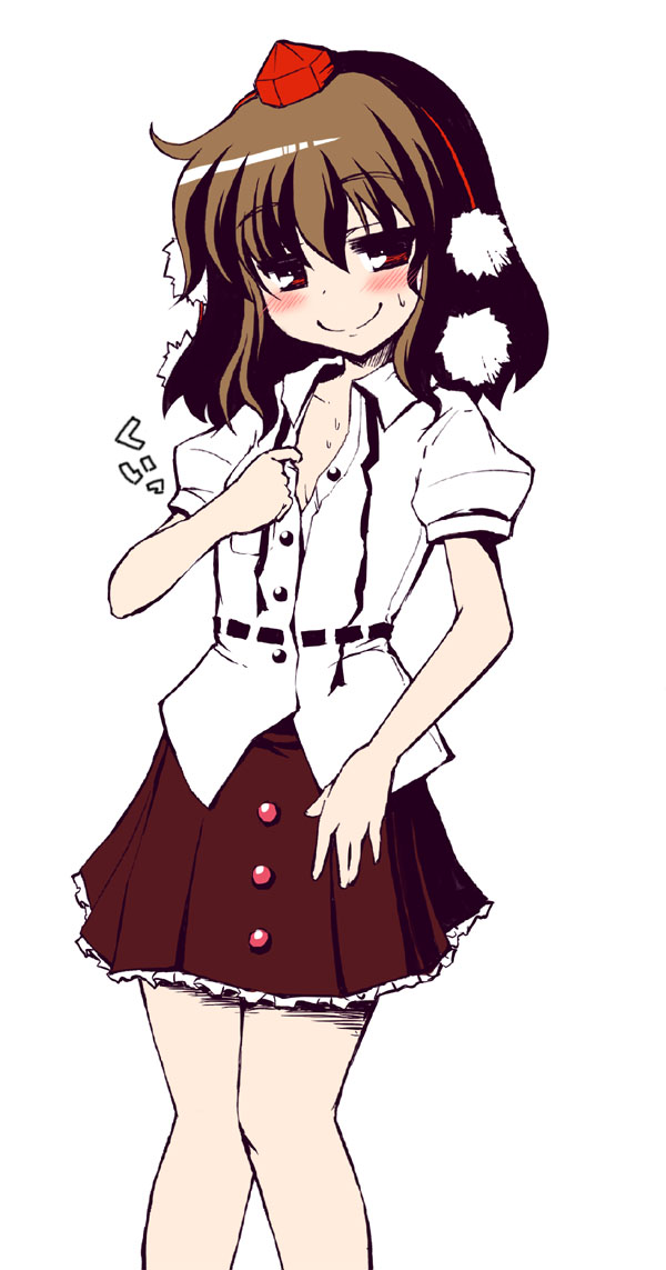 harunatsu akito, shameimaru aya, touhou, 1girl, blush, female focus, half-closed eyes, hat, simple background, smile, solo, standing, undressing, white background