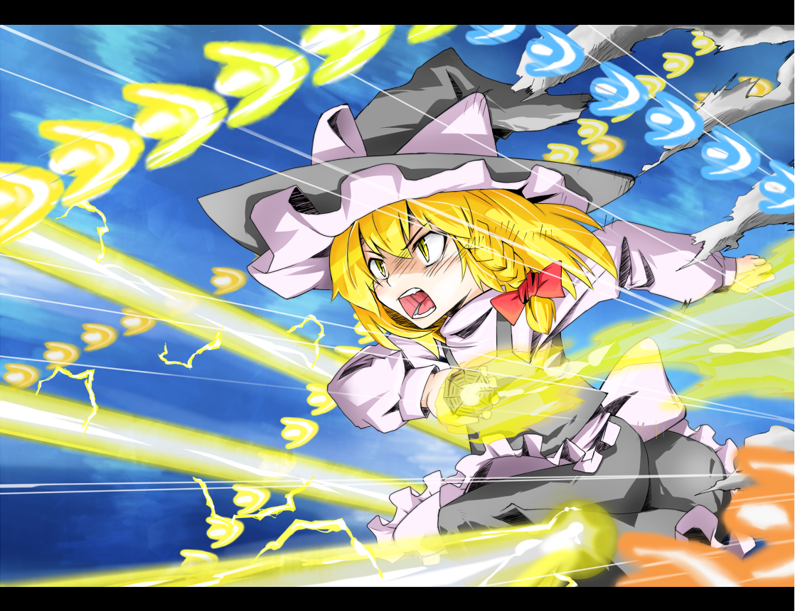 taker, taker (flamestorm), kirisame marisa, touhou, 1girl, blonde hair, braid, danmaku, female focus, hat, letterboxed, mini-hakkero, short hair, solo, witch, witch hat, yellow eyes