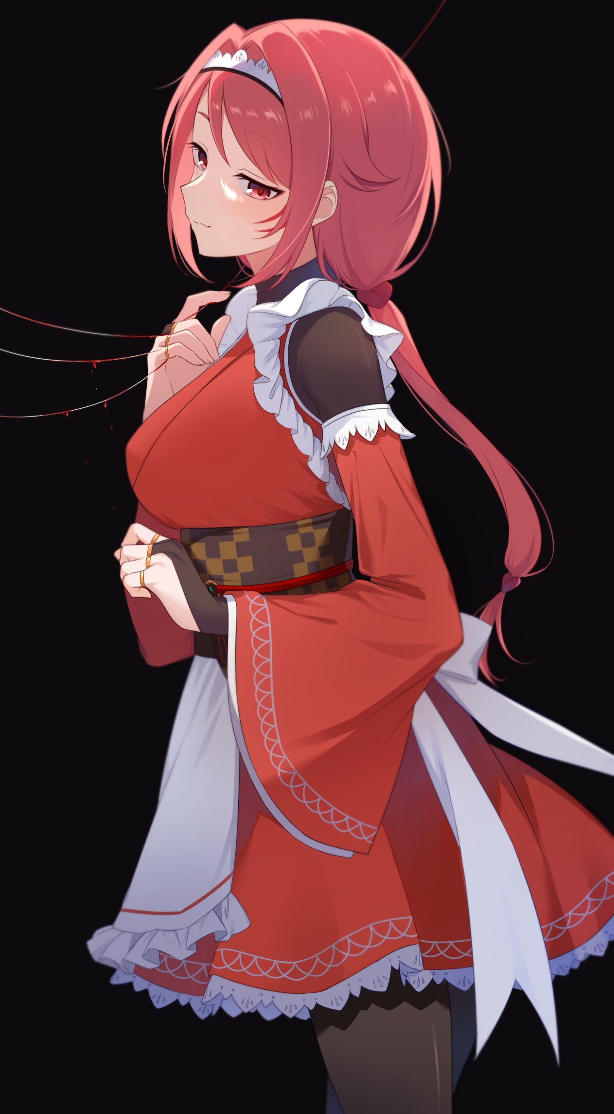 mikami (nemu mohu), yae tenzen, re:zero kara hajimeru isekai seikatsu, highres, 1girl, apron, black background, black pantyhose, breasts, bridal gauntlets, closed mouth, frilled apron, frilled kimono, frills, from side, hair intakes, hairband, japanese clothes, jewelry, kimono, large breasts, long hair, long sleeves, looking at viewer, low ponytail, maid, maid headdress, obi, pantyhose, ponytail, puppet strings, red eyes, red hair, red kimono, ring, sash, smile, solo, string, string of fate, thread, wa maid, waist apron, white apron, white hairband, wide sleeves