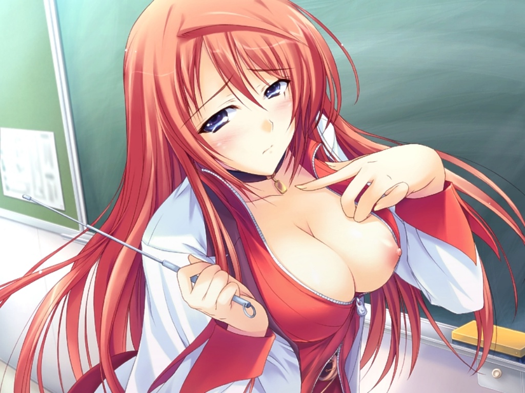tomose shunsaku, tomiya natsuki, alice soft, double teacher life, game cg, 1girl, blue eyes, blush, board eraser, breast slip, breasts, chalkboard, cleavage, female focus, large breasts, long hair, nipple slip, nipples, no bra, one breast out, red hair, school nurse, solo, teacher
