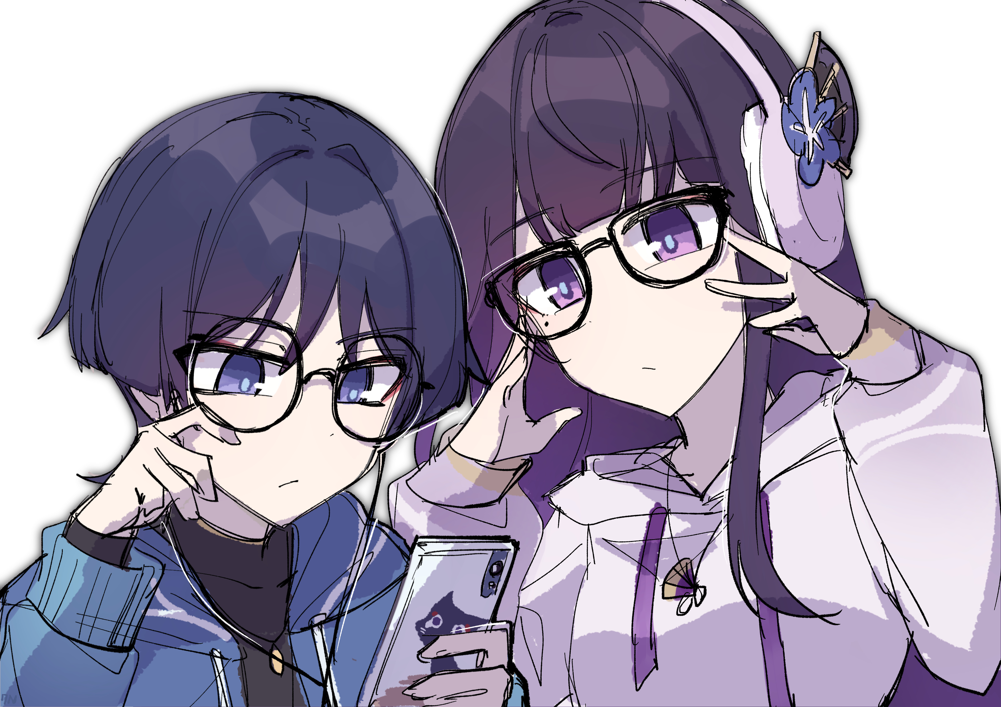 c520gpss, raiden shogun, raiden shogun (2nd anniversary), genshin impact, absurdres, chinese commentary, highres, 1boy, 1girl, alternate costume, alternate universe, blue eyes, blue hair, blue jacket, blue pupils, blunt bangs, cellphone, closed mouth, fan hair ornament, flower ornament, glasses, grey background, hair between eyes, hand on own face, hands up, headphones, holding, holding phone, hood, hood down, hoodie, hoyofair, index finger raised, jacket, jewelry, long hair, long sleeves, looking down, mole, mole under eye, mother and son, multicolored eyes, necklace, open clothes, open jacket, phone, purple eyes, purple hair, purple hoodie, short hair, simple background, smartphone